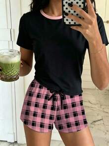 Teen Girl Casual Cute Loose Minimalist Crew Neck Short Sleeve Shorts Loungewear Suitable For Spring And Summer Pink - Multicolor - View 2