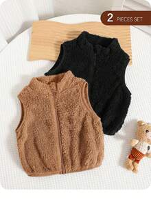 SHEIN Set 2 Potong Baju Bayi Laki-laki dan Perempuan Musim Gugur/Dingin yang Lucu dan Serbaguna, Rompi dan Jaket Warna Polos yang Lembut - MultiWarna - View 2