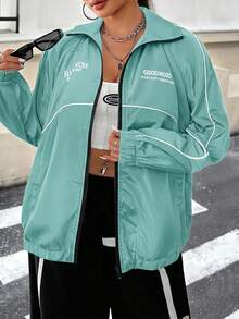 SHEIN EZwear جاكيت نسائي مقاس كبير بأكمام طويلة وسحاب مع رسمة بطة وحروف باللون الأزرق للخريف - ازرق مخضر - مشاهدة 6