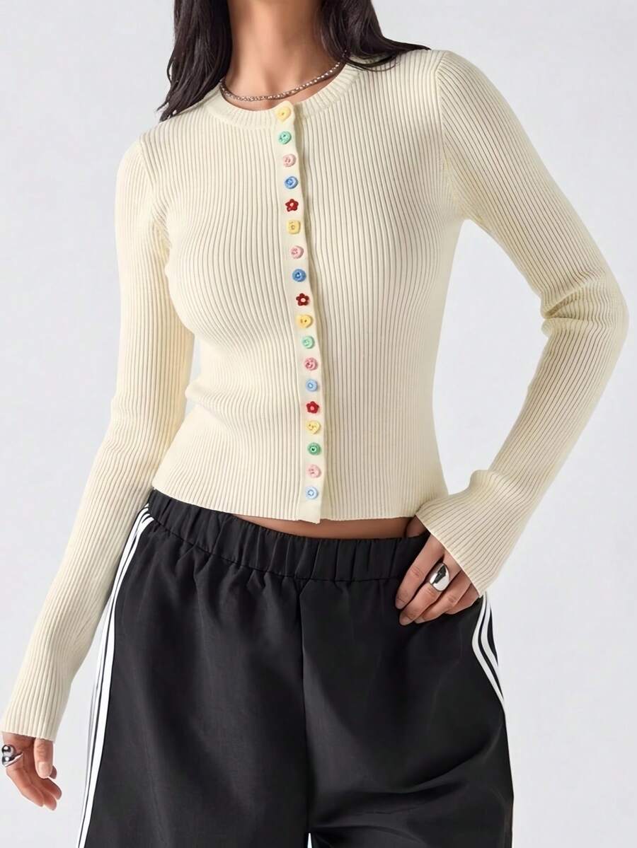 Comfortcana Women's Round Neck Long Sleeve Colorful Button Design Casual Cardigan - White - View 1