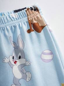 LOONEY TUNES X SHEIN Baby Boy Cartoon Print Short Sleeve Top And Shorts Casual Daily Home Sleepwear Set - Blue - View 5