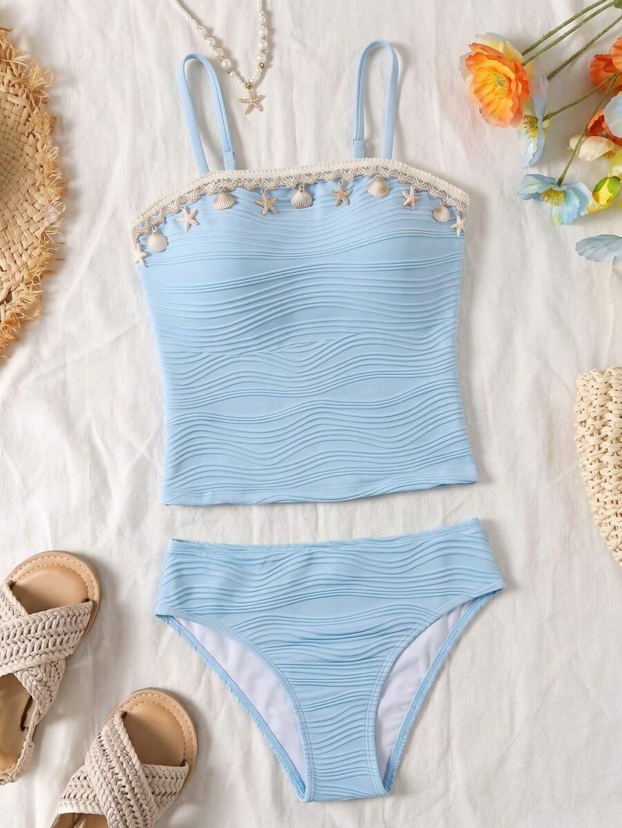 SHEIN Summer Tween Girls Camisole Bikini Set, Textured Fabric With Mesh Skirt, Beach Pool Casual Vacation, Spring/Summer - Baby Blue - View 1