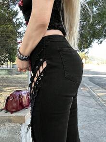 Grunge Punk ROMWE X Lorella Spring/Summer Black Y2K Baddie Hollow Eyelets Lace-Up Decor Ultra Low Rise Skinny Super Low Waist Flare Jeans - Black - View 6