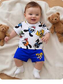 طقم تي شيرت وشورت صيفي محبوك بنمط كرتوني لطيف للأطفال حديثي الولادة من الأولاد - ازرق وابيض - مشاهدة 1