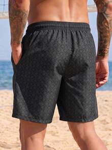 Manfinity KASUA Plus Size Men's Letter Print Drawstring Waist Loose Beach Shorts Men Swim Trunks, Holiday - Black - View 2