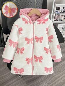 SHEIN Elladie kids 女童白色可正反穿拉鍊連帽蝴蝶結毛絨內裡加厚中長版鋪棉外套，冬季夾克粉色加厚連帽西式外套 - 淺粉色 - 查看 12