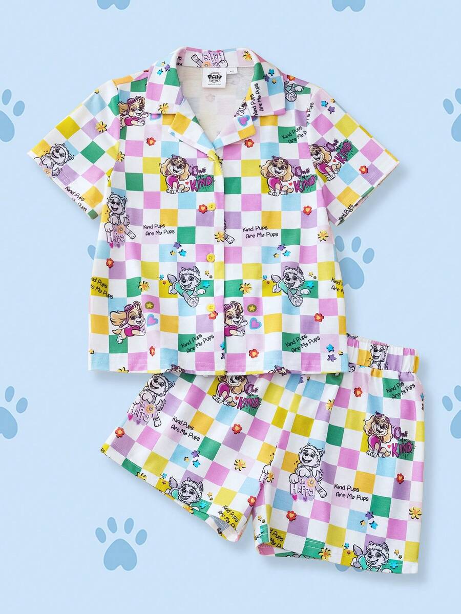 SHEIN | PAW Patrol Bộ đồ ngủ mùa hè cho bé gái, tay ngắn, kẻ caro, kiểu dáng thường ngày, in họa tiết dễ thương. - trắng - Xem 1