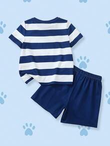 SHEIN | PAW Patrol 2pcs/Set Young Boys Striped Contrast Color Round Neck Short Sleeve Top And Casual Shorts Pajama Set - Blue - View 2