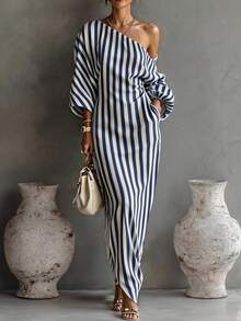 Balvessa Women's Asymmetric Neck Striped Casual Daily Summer Travel Dress - Navy Blue - View 1