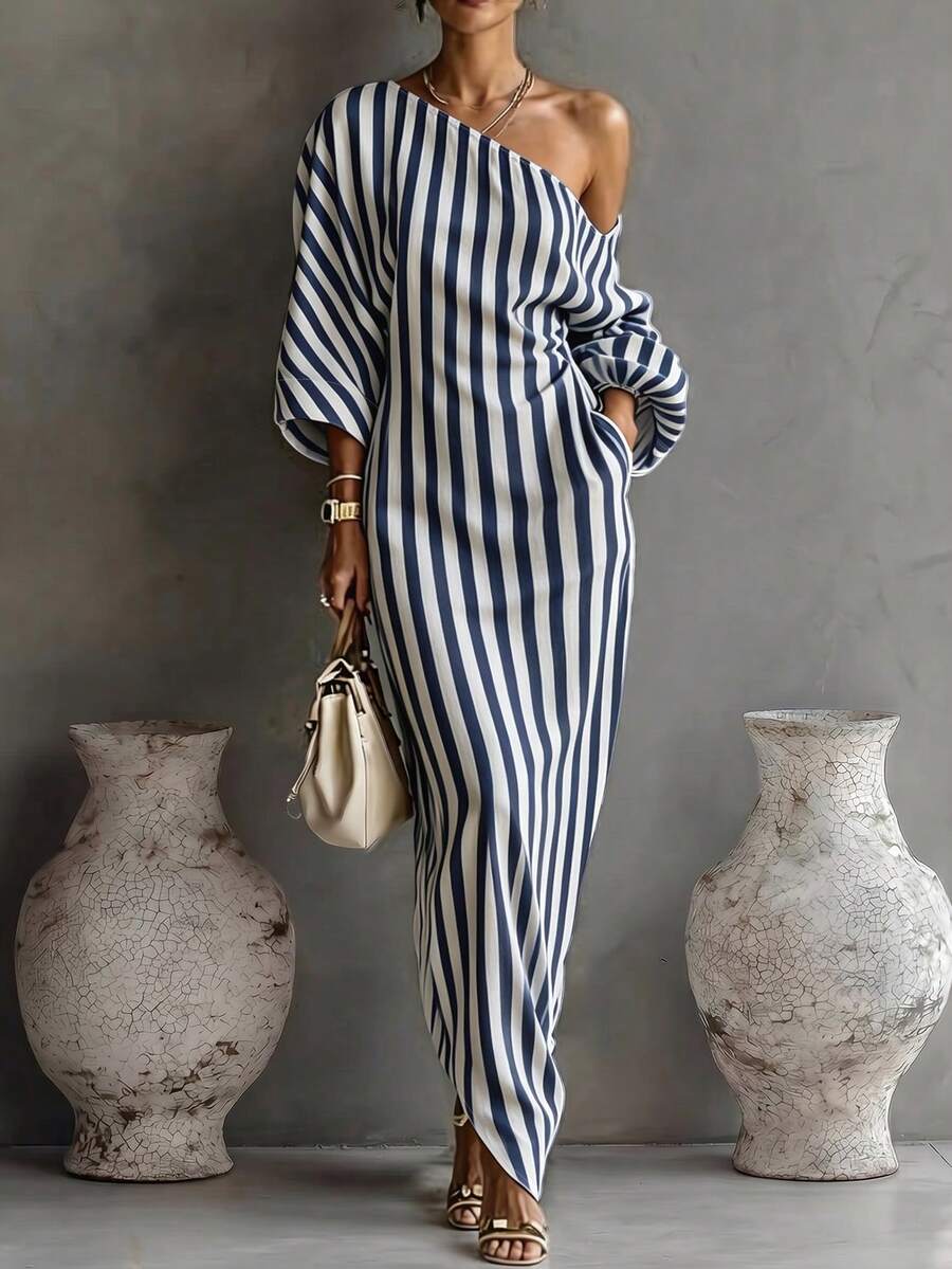 Balvessa Women's Asymmetric Neck Striped Casual Daily Summer Travel Dress - Navy Blue - View 1