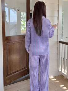 Dazy Plus Plaid Loose Pajama Set, Sleepwear, Loungewear, All Season - Purple - View 5