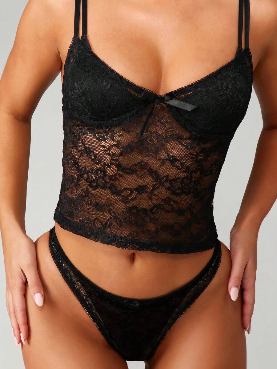 MISSGUIDED 2pcs Women's Solid Color Sexy Lace Lingerie Set - Black - View 1