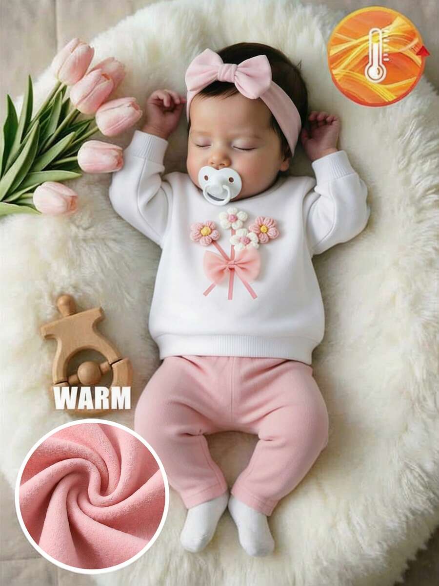 SHEIN Playful Pals 嬰兒幼兒休閒日常可愛衛衣套裝，3D鉤編粉色與白色花朵蝴蝶結印花，透明俏皮上衣，針織底層，彈性刷毛布料，女嬰秋季套裝褲，適合日常休閒、度假、運動，可愛穿搭