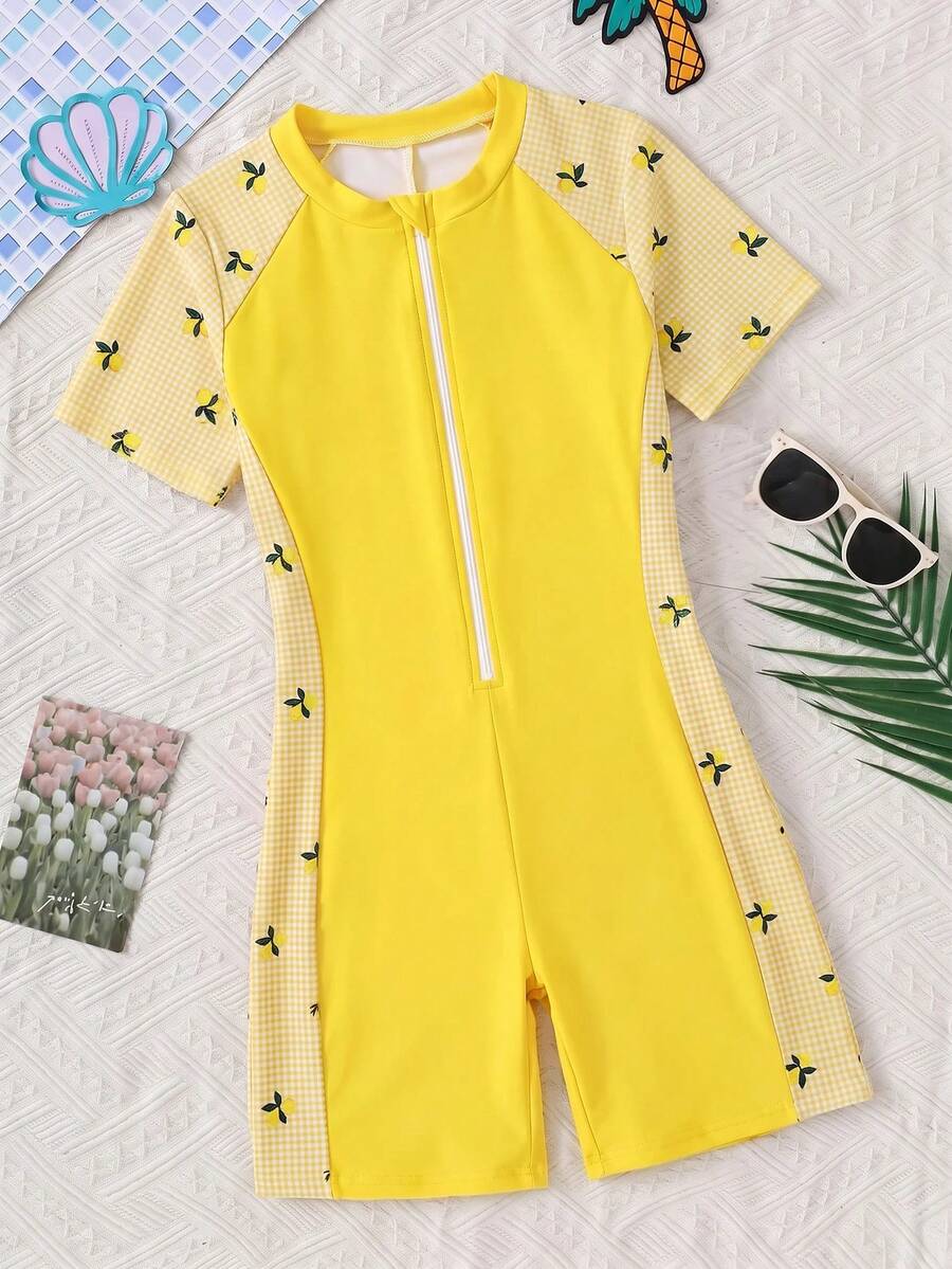 Tween Girl Patchwork Striped Raglan Sleeve One-Piece Swimsuit Yellow Short Sleeve Swimwear Sun Protection Conservative Cute Style Bowknot Beach Summer - Yellow - View 1