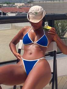 Costavie Bonvoyette Summer Beach Edging Texture Deep V Cold Shoulder Sexy Bikini Swimwear Set - Blue - View 8
