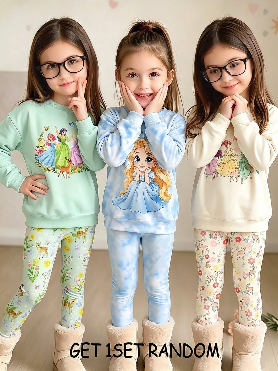 SHEIN 1件隨機女童小號運動衫套裝,秋季幼兒2件套,圓領運動衫與彈性內搭褲,休閒可愛圖案印花2件套 - 彩色 - 查看 1