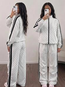 SHEIN Sparklyn 青少年女孩秋季波點拉鍊前開夾克與長褲休閒套裝，度假穿搭，舒適 - 白色 - 查看 1