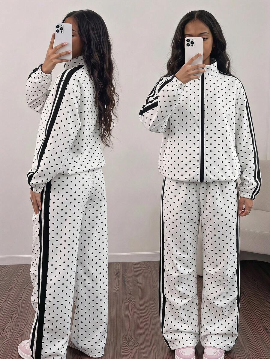 SHEIN Sparklyn 青少年女孩秋季波點拉鍊前開夾克與長褲休閒套裝,度假穿搭,舒適 - 白色 - 查看 1