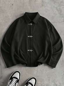 AXEPEAK Men's Solid Color Metal Airplane Buckle Long Sleeve Casual Shirt - Black - View 7