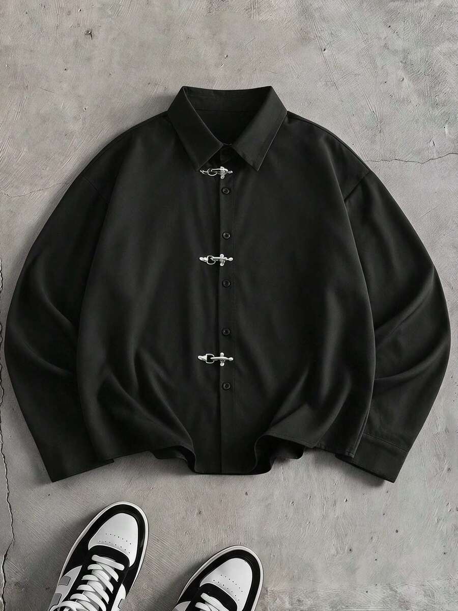 AXEPEAK Men's Solid Color Metal Airplane Buckle Long Sleeve Casual Shirt - Black - View 1