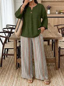 Weeklong Casual Style Plus Size Women's Solid Color Notch V-Neck Shirt And Striped Pants 2-Piece Set - Multicolor - View 1