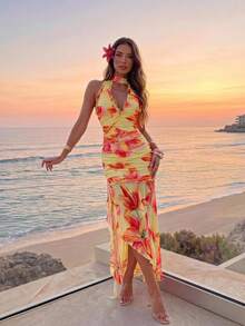 Aloruh Women's Elegant Tropical Vacation Casual Orange And Yellow Print Dress, Ruffle Hem Long Beach Holiday Summer - Multicolor - View 7