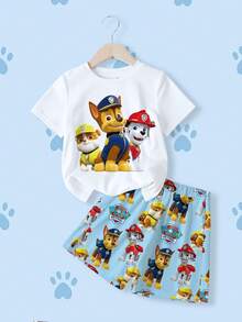 SHEIN | PAW Patrol 小男孩卡通印花短袖T恤與短褲套裝 - 白色 - 查看 1