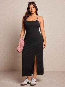 Elaquor Plus Size Solid Color Street Style Front Slit Cami Dress And Criss-Cross Knit Top 2-Piece Set - Pink - View 4