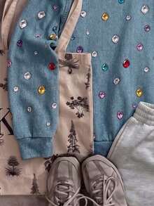 Tween Girl Rhinestone Denim Print Long Sleeve Casual Sweatshirt - Multicolor - View 5