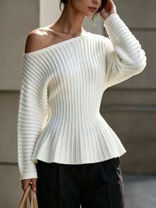 SHEIN Women's Elegant Asymmetrical Shoulder Waist-Cinching A-Line Pullover Sweater - Beige - View 4