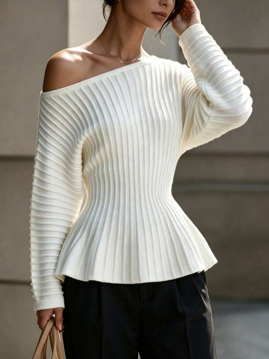 SHEIN Women's Elegant Asymmetrical Shoulder Waist-Cinching A-Line Pullover Sweater - Beige - View 1