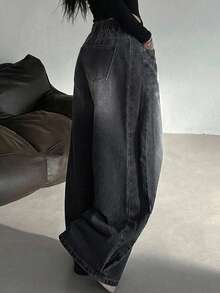 Dazy Plus Blogger Casual Loose Wide Leg Jeans Streetwear Versatile All Season Long Pants Fall - Black - View 3