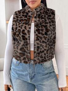 SHEIN EZwear 大码女式拉链前羊毛豹纹夹克，秋冬豹纹背心女式背心 - 棕色 - 查看 3