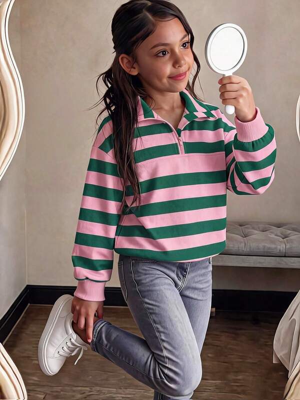 SHEIN Tween Girl Fashionable Minimalist Colorblock Striped Print Collared Zip-Up Split Design Drop Shoulder Long Sleeve Sweatshirt, Soft Fabric, Vibrant Youthful Style, Suitable For Back To School, Outings, Autumn/Winter