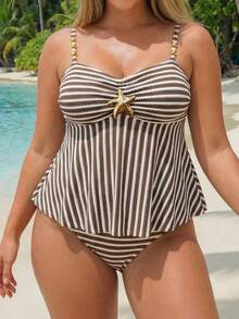 Swim Lushoire 2026 New Metal Decor Ruched Front Tummy Control Plus Size Spaghetti Strap Beach Swimsuit For Women - Multicolor - View 3