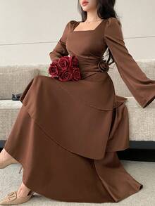 Modelyn Gaun Wanita Romantis Musim Gugur Terbaru yang Modis - Coffee Brown - View 1