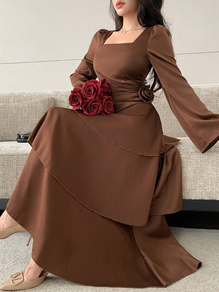Modelyn Gaun Wanita Romantis Musim Gugur Terbaru yang Modis - Coffee Brown - View 1