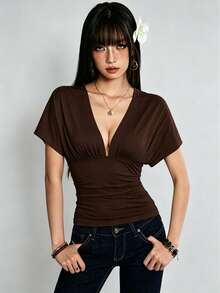 Rina Fox Women's Solid Color Deep V-Neck Back Tie Short Sleeve Sexy Fitted Top - Brown - View 3