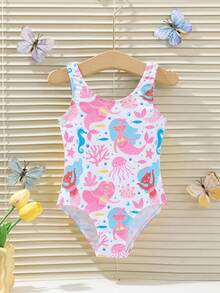 Young Girl Cute Sweet Cartoon Mermaid Seahorse Ocean Print Round Neck One-Piece Swimsuit Summer Beach Party - Baby Pink - View 2