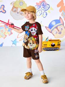 SHEIN | PAW Patrol 小男孩圓領卡通印花短袖T恤與短褲休閒日常套裝 - 棕色 - 查看 6