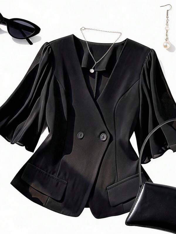 Sweetra Plus Size Black Blazer Jacket V-Neck Double-Breasted Patchwork Chiffon Ruffle Sleeve Thin Blazer Cool Minimalist Elegant Waist-Cinching Slimming Commute Daily Blazer Jacket Faux Pockets Short Sleeve Summer Commute Versatile Office Workplace Plus Size Blazer Jacket