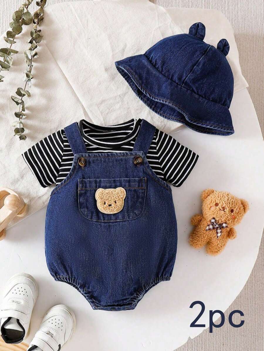 SHEIN Playful Pals 新生兒夏季可愛熊刺繡口袋可調節肩帶連身衣藍白條紋休閒短袖T恤柔軟套裝適合城市度假