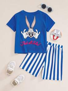 LOONEY TUNES X SHEIN 小男孩卡通印花T恤短褲套裝 - 藍色 - 查看 2