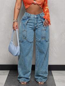 Slaydiva Celana Jeans Ukuran Besar Warna Polos dengan Saku, Kasual, Serbaguna, Potongan Lebar, Pakaian Musim Gugur untuk Wanita - Medium Wash - View 1