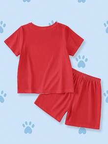 SHEIN | PAW Patrol 小男孩可愛卡通印花圓領T恤與短褲套裝 - 紅色 - 查看 2