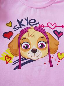 SHEIN | PAW Patrol 少女甜美可爱卡通字母爱心印花荷叶边短袖T恤，休闲日常通勤，夏季 - 粉色 - 查看 6