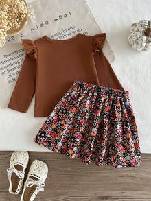 SHEIN Playful Pals 2件組幼女優雅棕色羅紋荷葉邊蝴蝶結花卉長袖圓領上衣裙套裝，秋季生日派對公主芭蕾舒適風 - 卡其色 - 查看 2