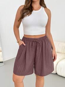 Shapeblank Plus Size Summer Casual Solid Color Shorts - Brown - View 7
