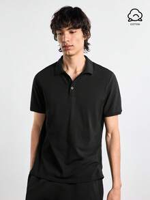 Merionis 男士素色單排扣休閒日常短袖 Polo 衫 - 黑色 - 查看 2
