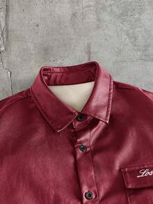AXEPEAK Kemeja Pria Kasual Serbaguna untuk Pemakaian Sehari-hari dengan Motif Huruf dan Kancing Tunggal - Merah - View 5